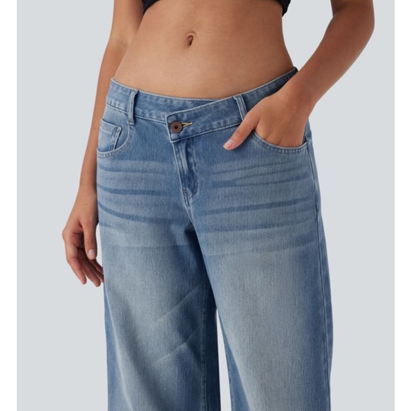 Halara Flex Asymmetric Low Rise Zipper Baggy Wide Leg Blue Surf Denim Sz. M-NWT - Picture 4 of 11